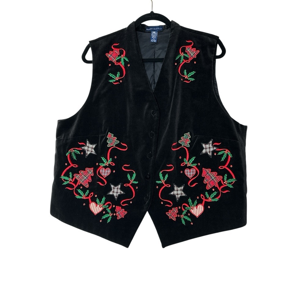 Vintage Karen Scott Christmas Vest‎ Womens Plus 1X Embroidered Black Velvet Y2K